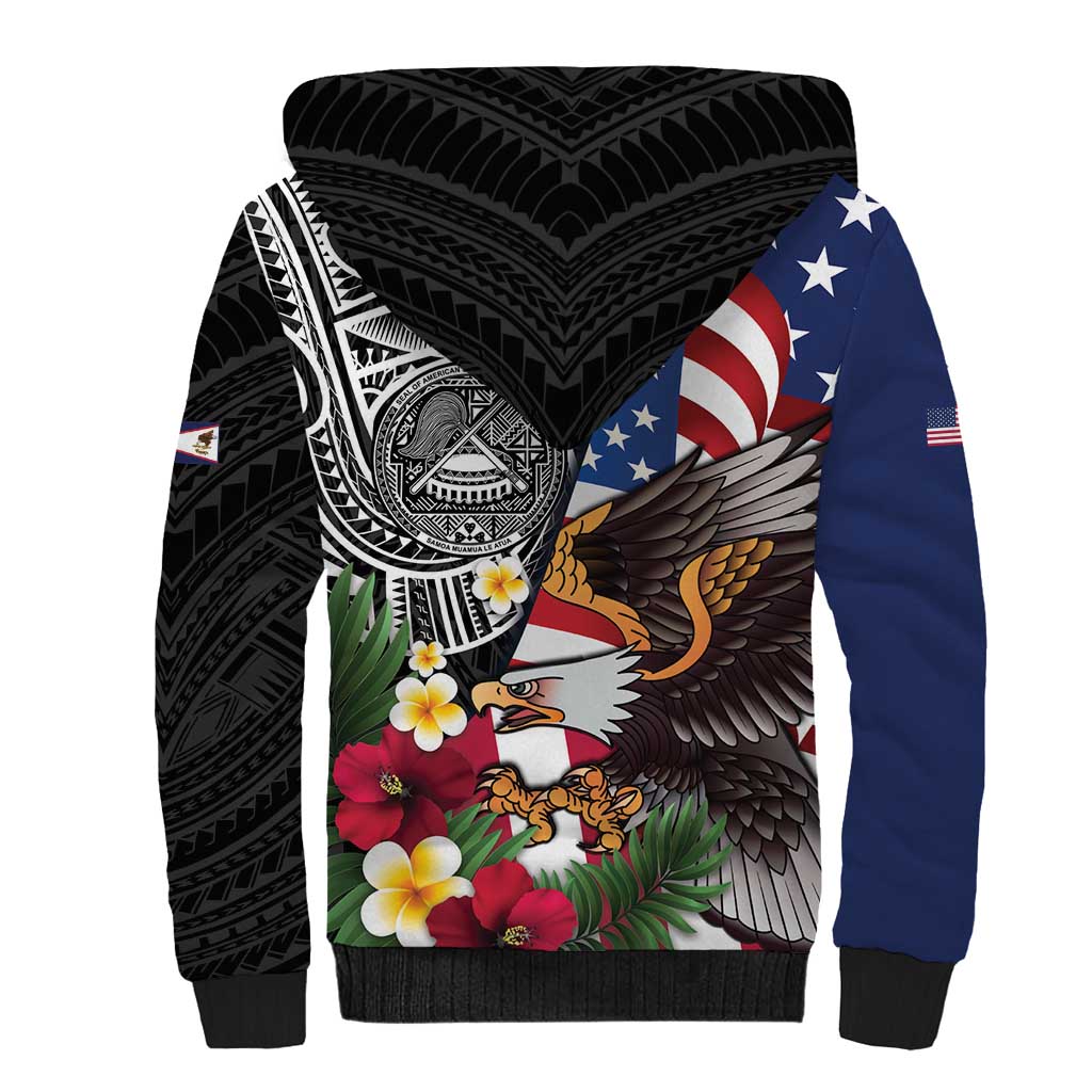 United States and American Samoa Sherpa Hoodie USA Flag Eagle With Seal Tropical Flowers LT14 - Polynesian Pride