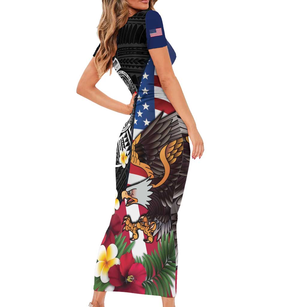 United States and American Samoa Short Sleeve Bodycon Dress USA Flag Eagle With Seal Tropical Flowers LT14 - Polynesian Pride