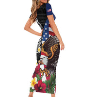United States and American Samoa Short Sleeve Bodycon Dress USA Flag Eagle With Seal Tropical Flowers LT14 - Polynesian Pride
