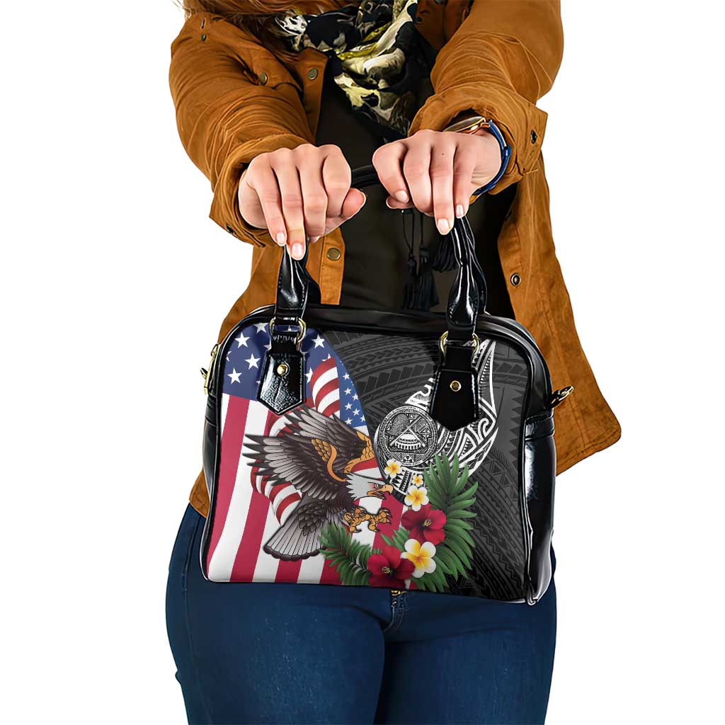 United States and American Samoa Shoulder Handbag USA Flag Eagle With Seal Tropical Flowers