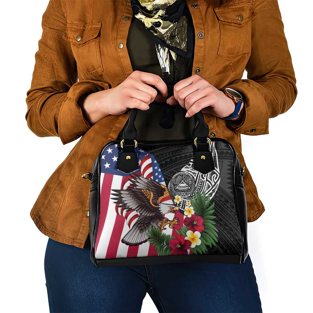 United States and American Samoa Shoulder Handbag USA Flag Eagle With Seal Tropical Flowers