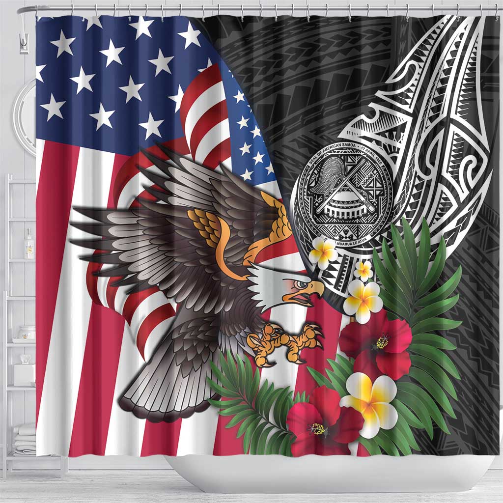 United States and American Samoa Shower Curtain USA Flag Eagle With Seal Tropical Flowers