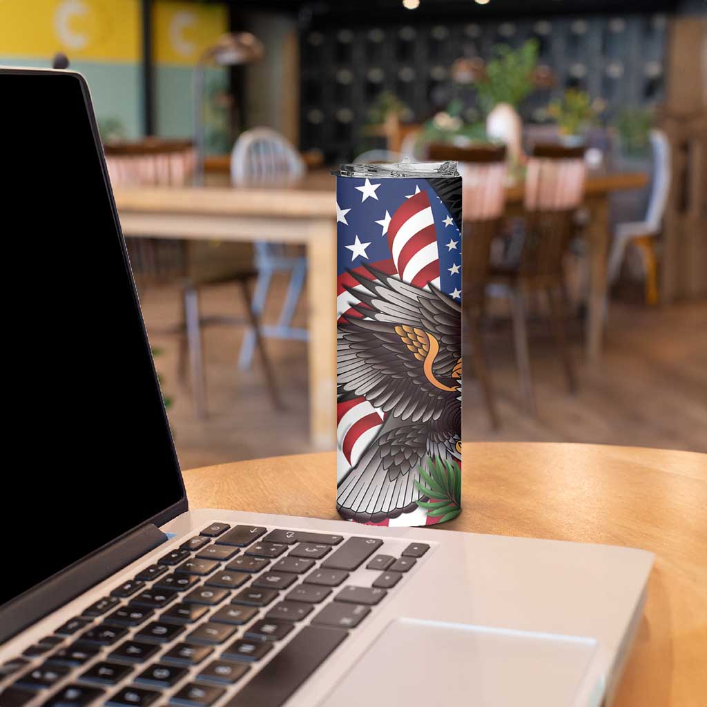 United States and American Samoa Skinny Tumbler USA Flag Eagle With Seal Tropical Flowers LT14 - Polynesian Pride