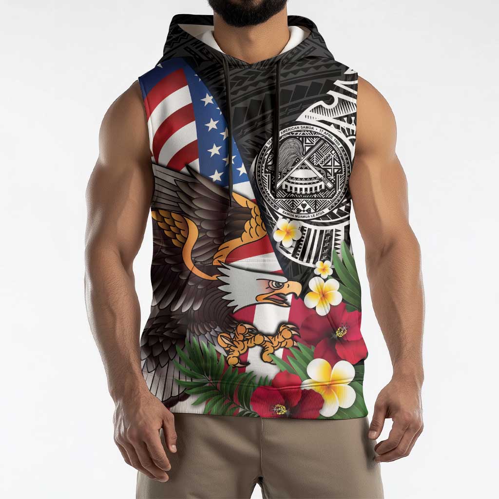 United States and American Samoa Sleeveless Hoodie USA Flag Eagle With Seal Tropical Flowers LT14 - Polynesian Pride