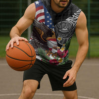United States and American Samoa Sleeveless Hoodie USA Flag Eagle With Seal Tropical Flowers LT14 - Polynesian Pride