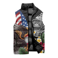 United States and American Samoa Sleeveless Puffer Jacket USA Flag Eagle With Seal Tropical Flowers