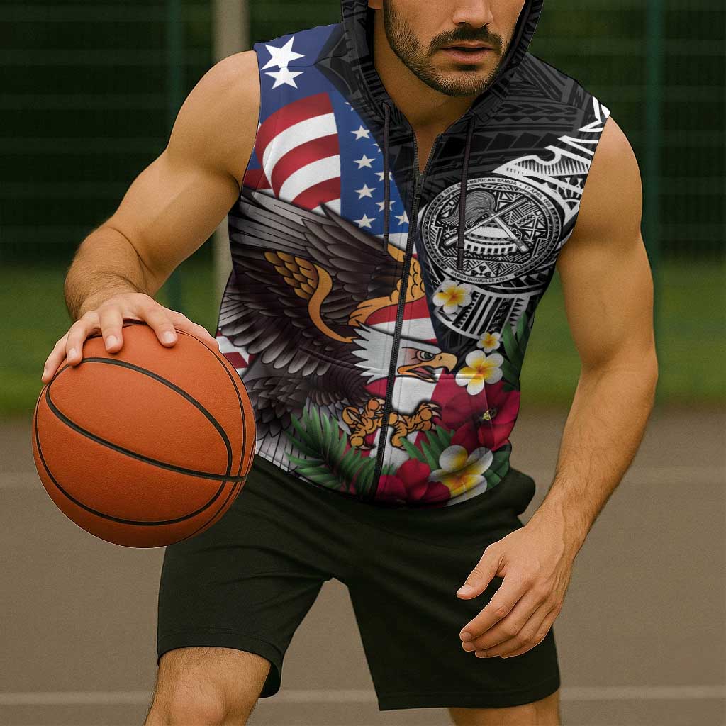 United States and American Samoa Sleeveless Zip Hoodie USA Flag Eagle With Seal Tropical Flowers LT14 - Polynesian Pride