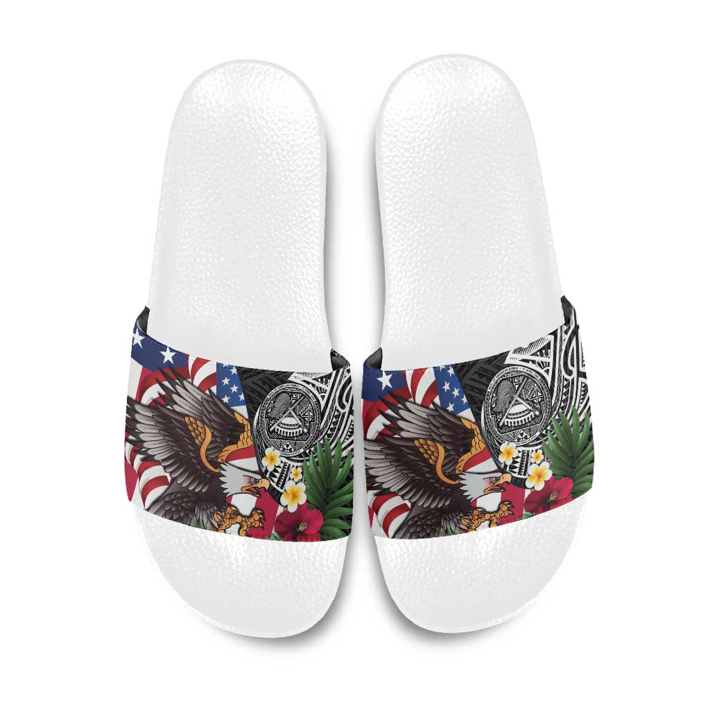 United States and American Samoa Slide Sandals USA Flag Eagle With Seal Tropical Flowers