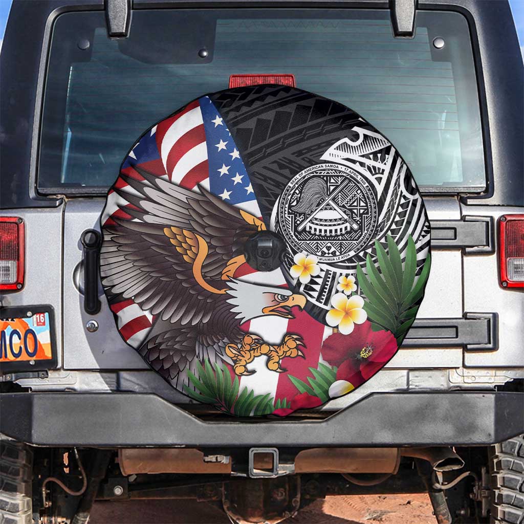 United States and American Samoa Spare Tire Cover USA Flag Eagle With Seal Tropical Flowers LT14 Black - Polynesian Pride