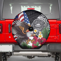 United States and American Samoa Spare Tire Cover USA Flag Eagle With Seal Tropical Flowers LT14 - Polynesian Pride