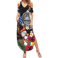 United States and American Samoa Summer Maxi Dress USA Flag Eagle With Seal Tropical Flowers LT14 Women Black - Polynesian Pride