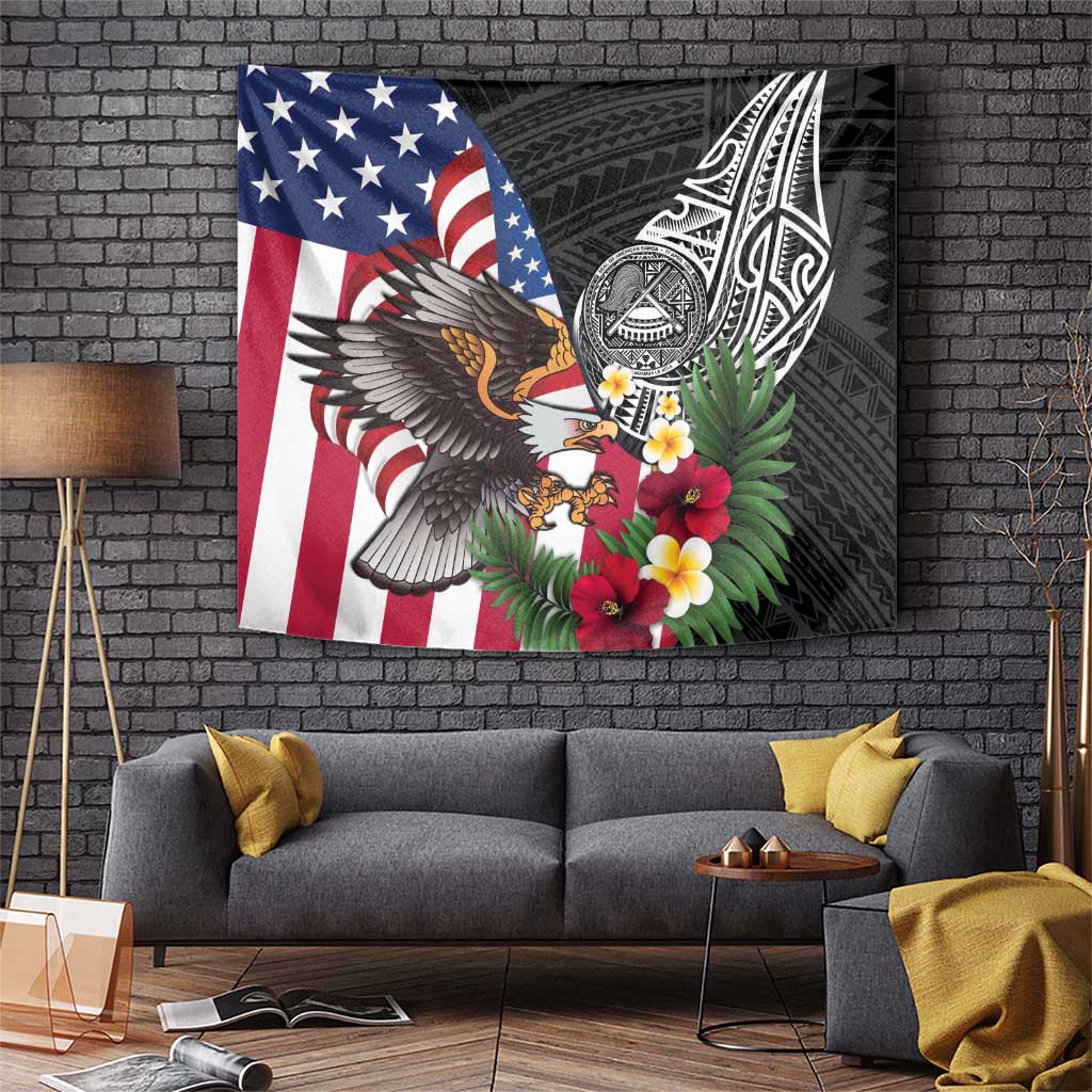 United States and American Samoa Tapestry USA Flag Eagle With Seal Tropical Flowers