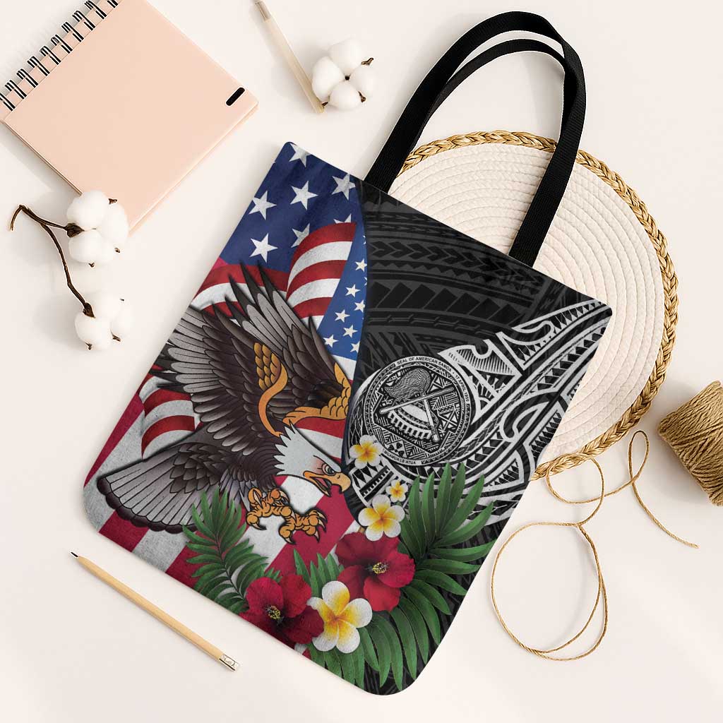 United States and American Samoa Tote Bag USA Flag Eagle With Seal Tropical Flowers