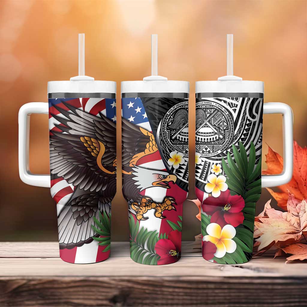 United States and American Samoa Tumbler With Handle USA Flag Eagle With Seal Tropical Flowers