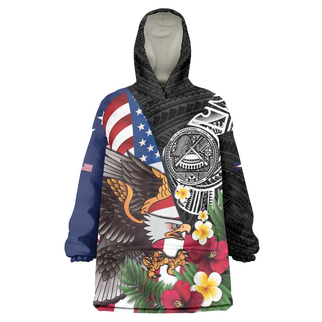 United States and American Samoa Wearable Blanket Hoodie USA Flag Eagle With Seal Tropical Flowers LT14 One Size Black - Polynesian Pride