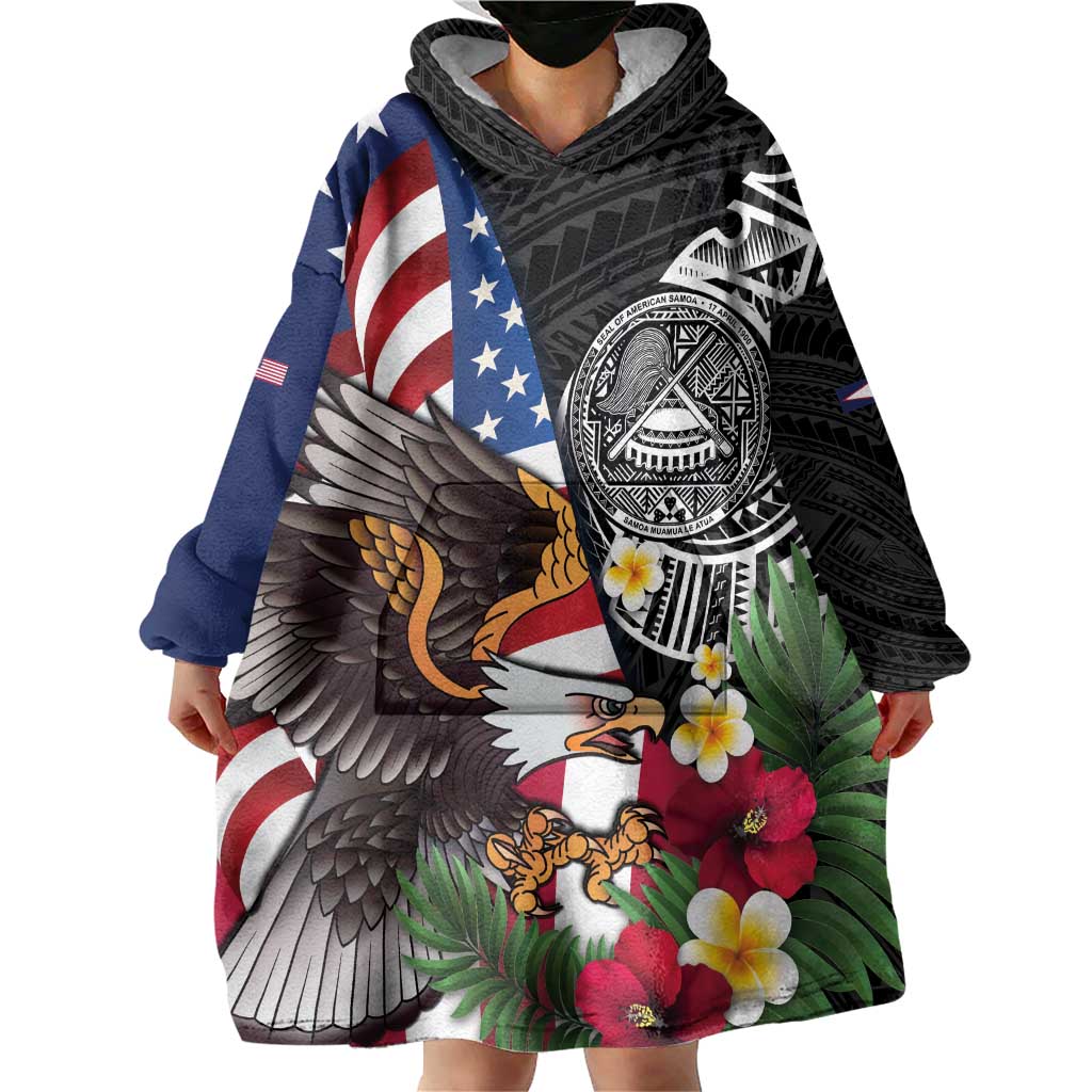 United States and American Samoa Wearable Blanket Hoodie USA Flag Eagle With Seal Tropical Flowers LT14 - Polynesian Pride