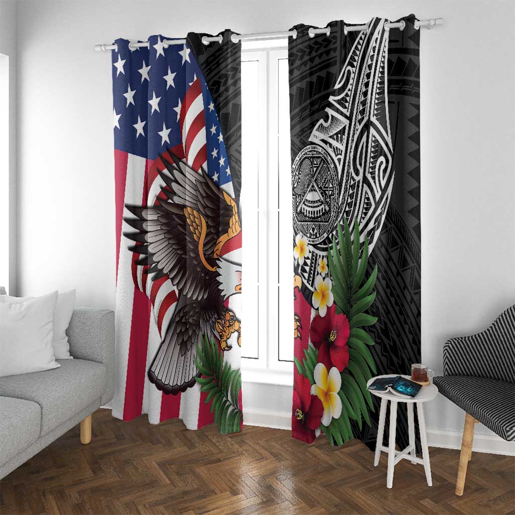 United States and American Samoa Window Curtain USA Flag Eagle With Seal Tropical Flowers