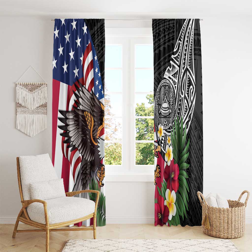United States and American Samoa Window Curtain USA Flag Eagle With Seal Tropical Flowers