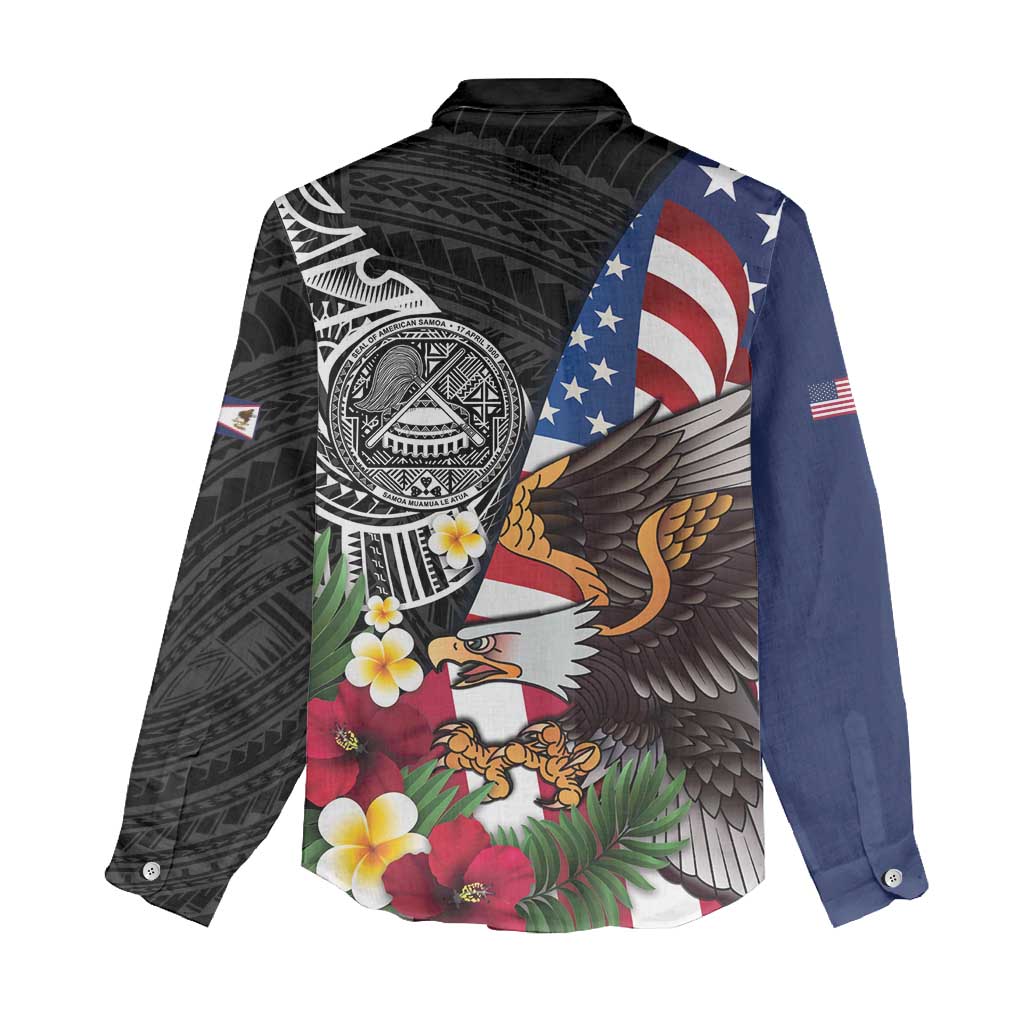 United States and American Samoa Women Casual Shirt USA Flag Eagle With Seal Tropical Flowers LT14 - Polynesian Pride