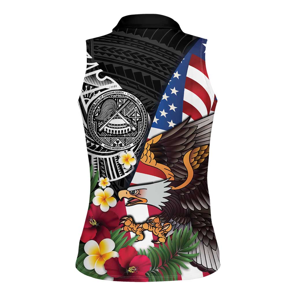 United States and American Samoa Women Sleeveless Polo Shirt USA Flag Eagle With Seal Tropical Flowers LT14 - Polynesian Pride
