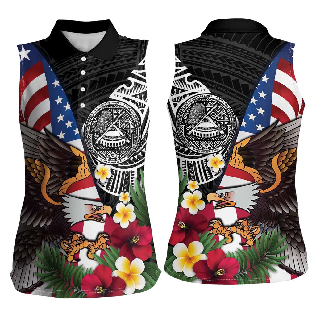 United States and American Samoa Women Sleeveless Polo Shirt USA Flag Eagle With Seal Tropical Flowers LT14 - Polynesian Pride