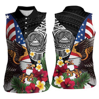 United States and American Samoa Women Sleeveless Polo Shirt USA Flag Eagle With Seal Tropical Flowers LT14 - Polynesian Pride
