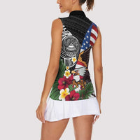 United States and American Samoa Women Sleeveless Polo Shirt USA Flag Eagle With Seal Tropical Flowers LT14 - Polynesian Pride