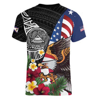 United States and American Samoa Women V-Neck T-Shirt USA Flag Eagle With Seal Tropical Flowers LT14 - Polynesian Pride