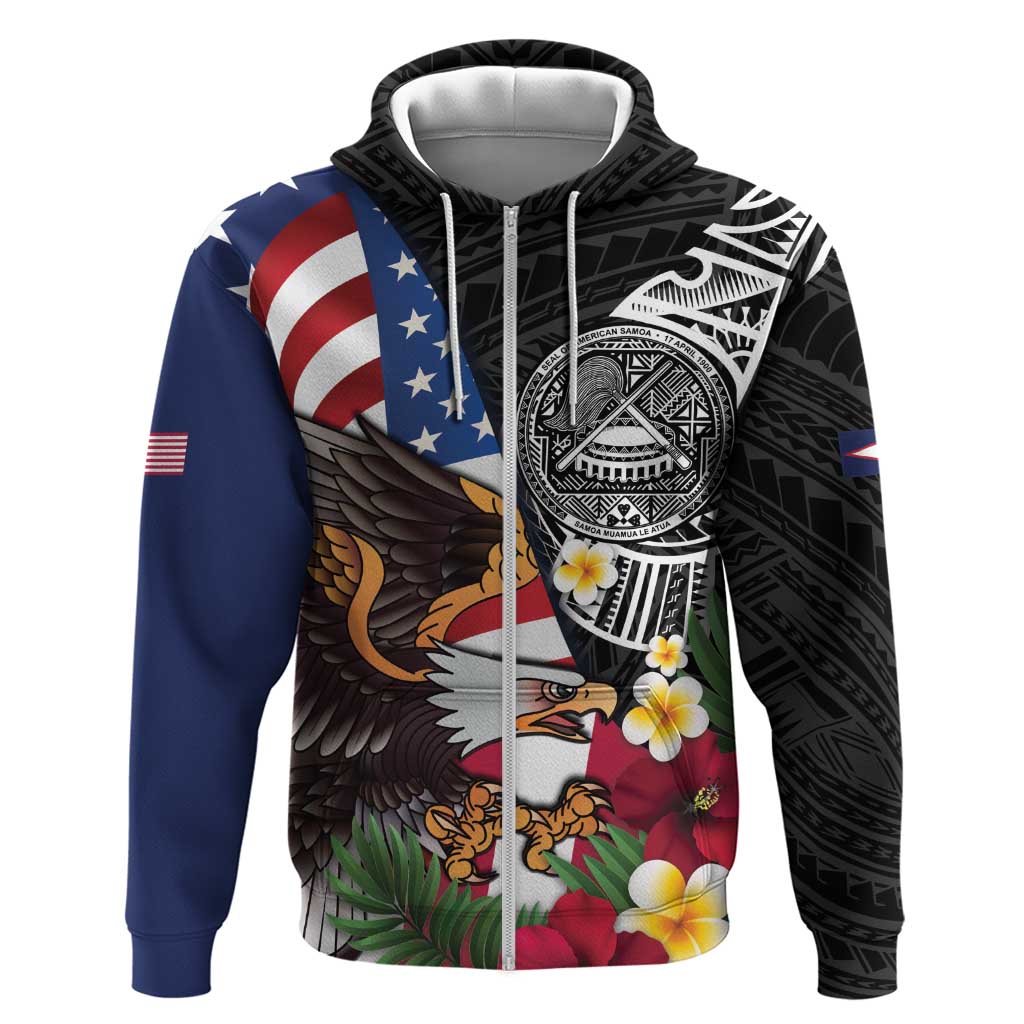 United States and American Samoa Zip Hoodie USA Flag Eagle With Seal Tropical Flowers