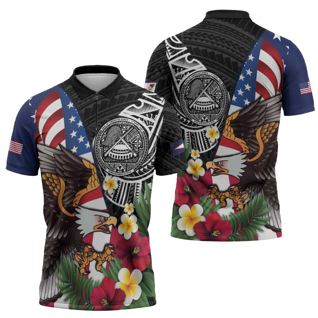 United States and American Samoa Zipper Polo Shirt USA Flag Eagle With Seal Tropical Flowers LT14 - Polynesian Pride