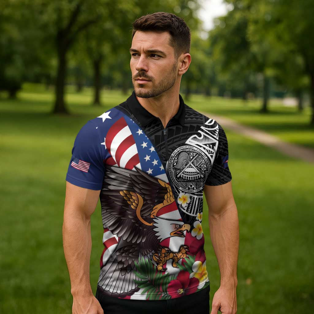 United States and American Samoa Zipper Polo Shirt USA Flag Eagle With Seal Tropical Flowers LT14 - Polynesian Pride