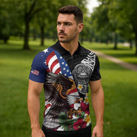 United States and American Samoa Zipper Polo Shirt USA Flag Eagle With Seal Tropical Flowers LT14 - Polynesian Pride
