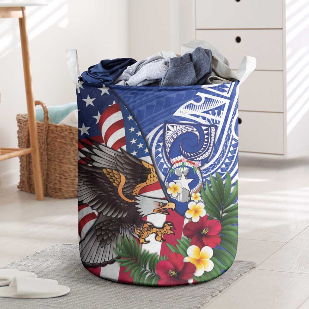 United States and Northern Mariana Islands Laundry Basket USA Flag Eagle CNMI Latte Stone Tropical Flowers LT14 Blue - Polynesian Pride