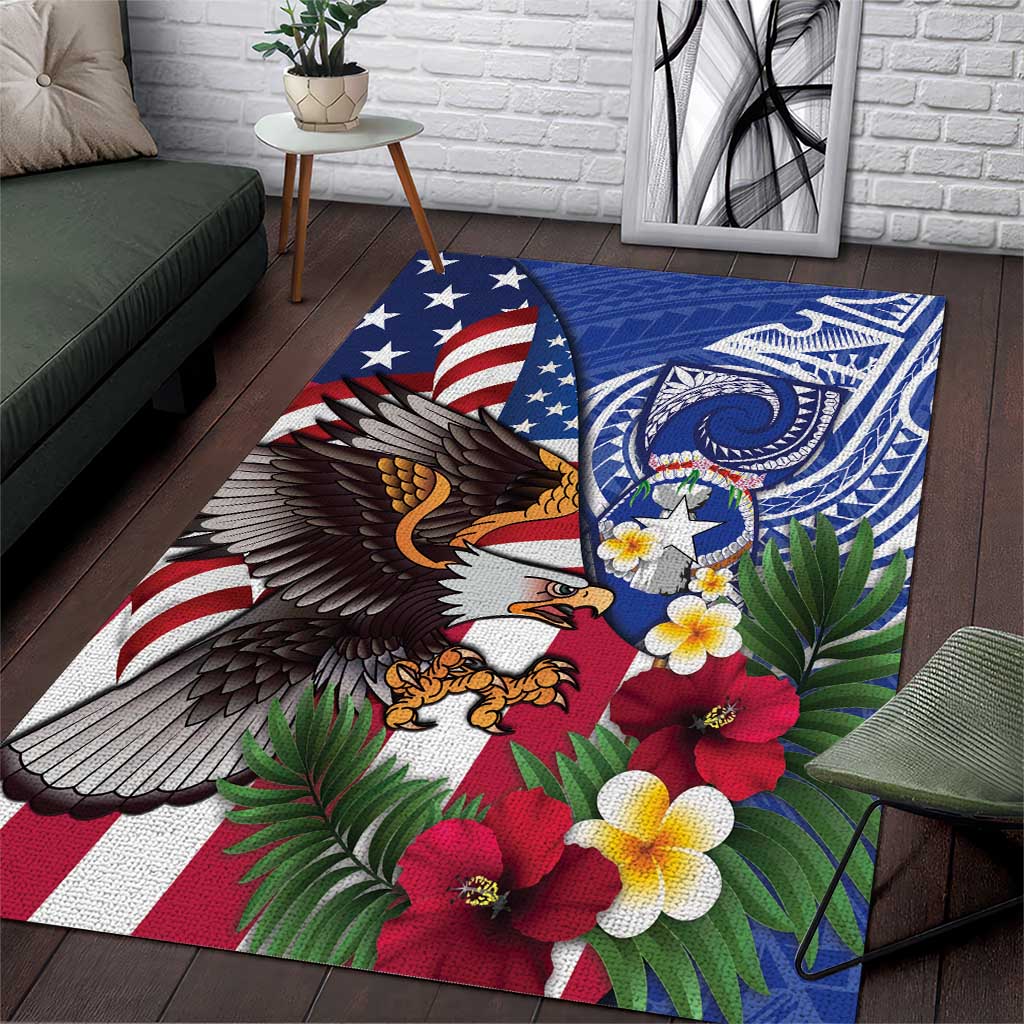 United States and Northern Mariana Islands Area Rug USA Flag Eagle CNMI Latte Stone Tropical Flowers LT14 Blue - Polynesian Pride