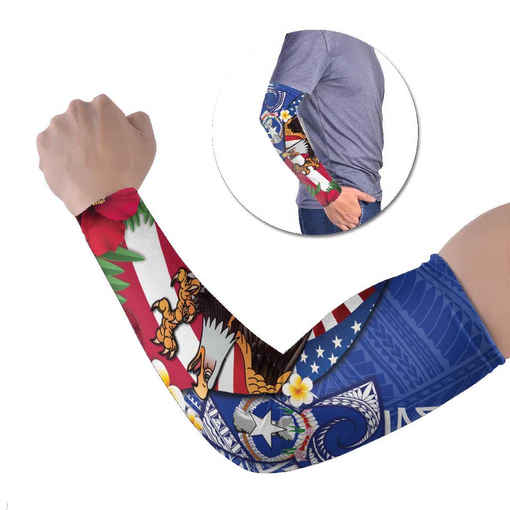 United States and Northern Mariana Islands Arm Sleeves USA Flag Eagle CNMI Latte Stone Tropical Flowers LT14 Set of 2 Blue - Polynesian Pride