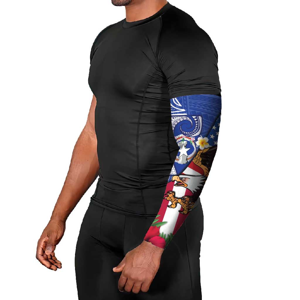 United States and Northern Mariana Islands Arm Sleeves USA Flag Eagle CNMI Latte Stone Tropical Flowers LT14 - Polynesian Pride