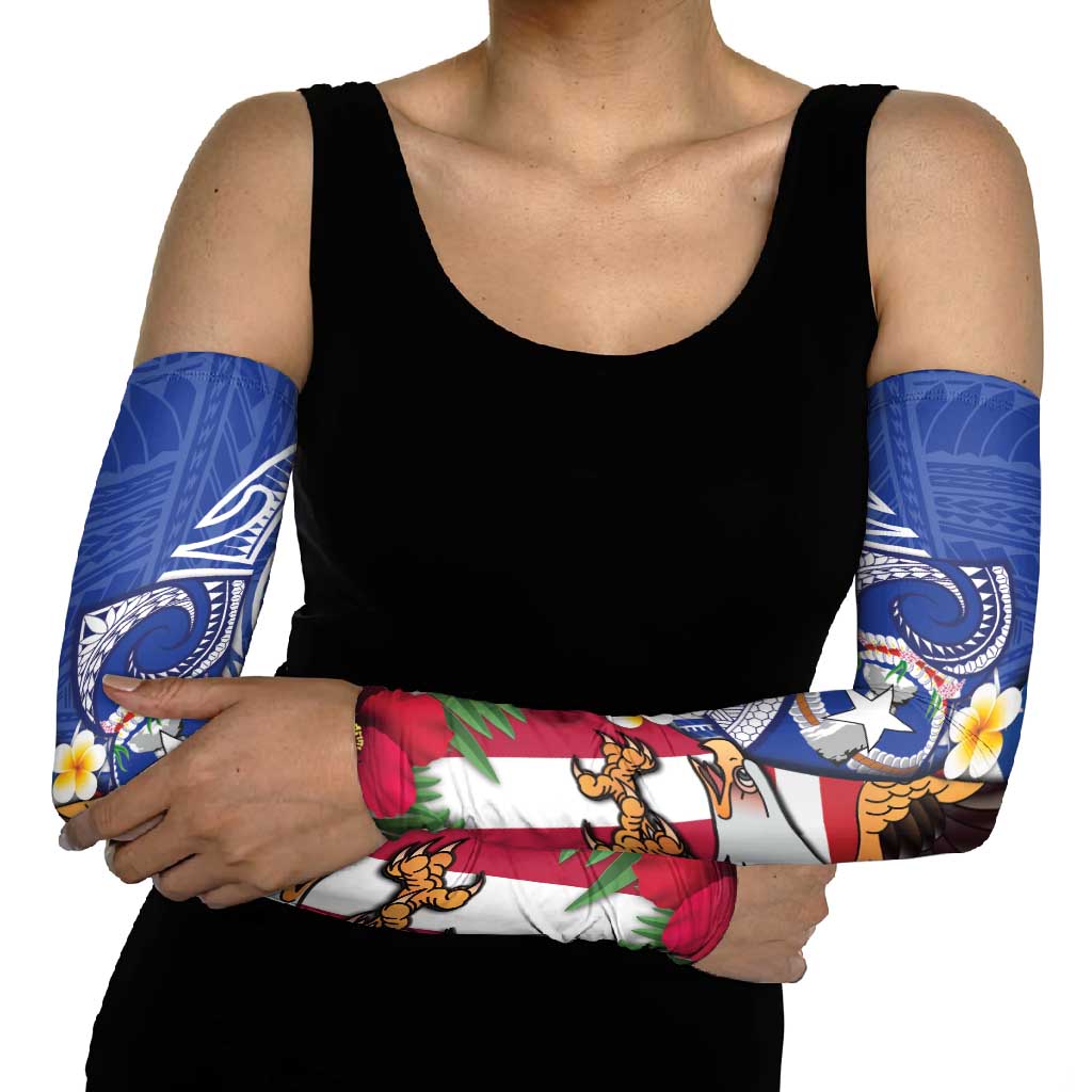 United States and Northern Mariana Islands Arm Sleeves USA Flag Eagle CNMI Latte Stone Tropical Flowers LT14 - Polynesian Pride