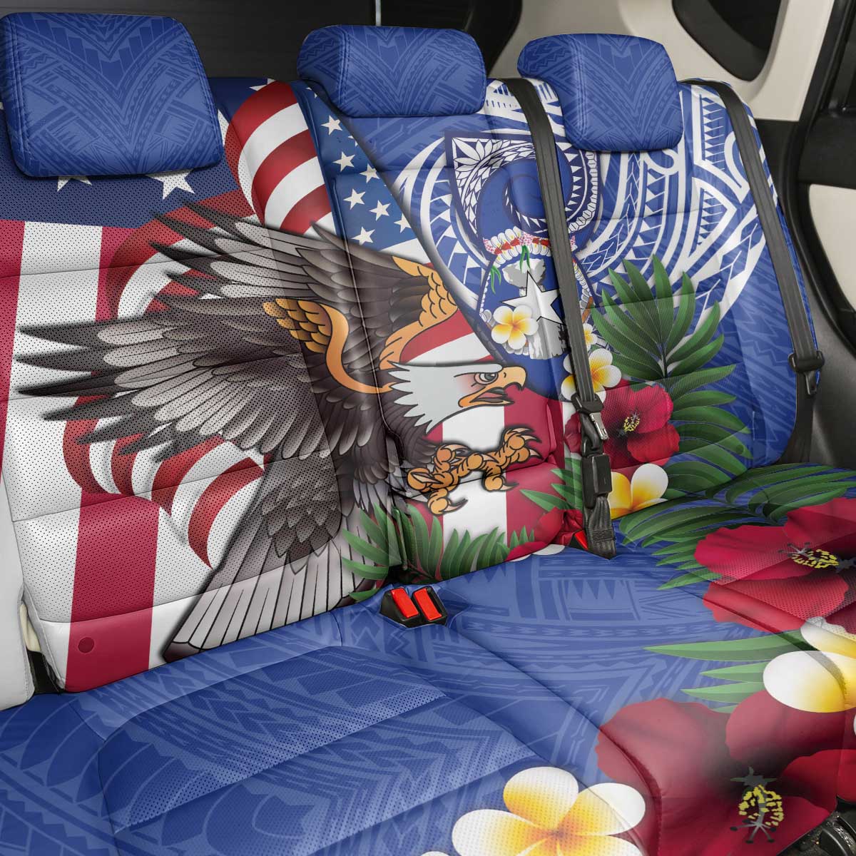 United States and Northern Mariana Islands Back Car Seat Cover USA Flag Eagle CNMI Latte Stone Tropical Flowers LT14 - Polynesian Pride