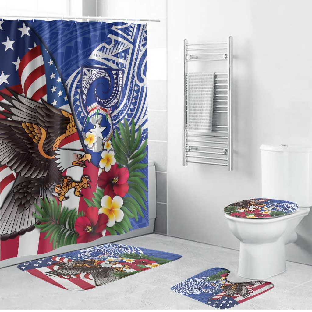 United States and Northern Mariana Islands Bathroom Set USA Flag Eagle CNMI Latte Stone Tropical Flowers LT14 Bathroom Set (4 pcs) Blue - Polynesian Pride