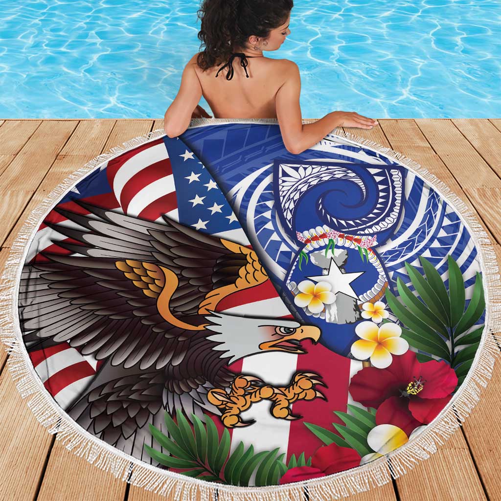 United States and Northern Mariana Islands Beach Blanket USA Flag Eagle CNMI Latte Stone Tropical Flowers LT14 - Polynesian Pride