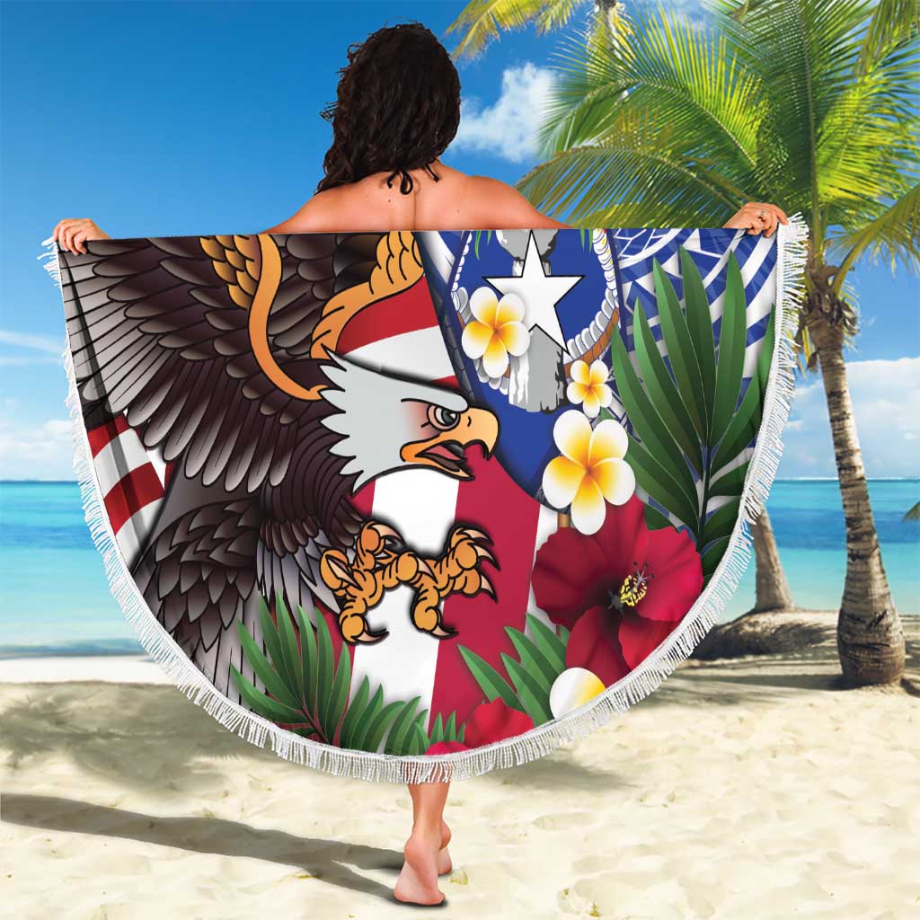 United States and Northern Mariana Islands Beach Blanket USA Flag Eagle CNMI Latte Stone Tropical Flowers LT14 - Polynesian Pride