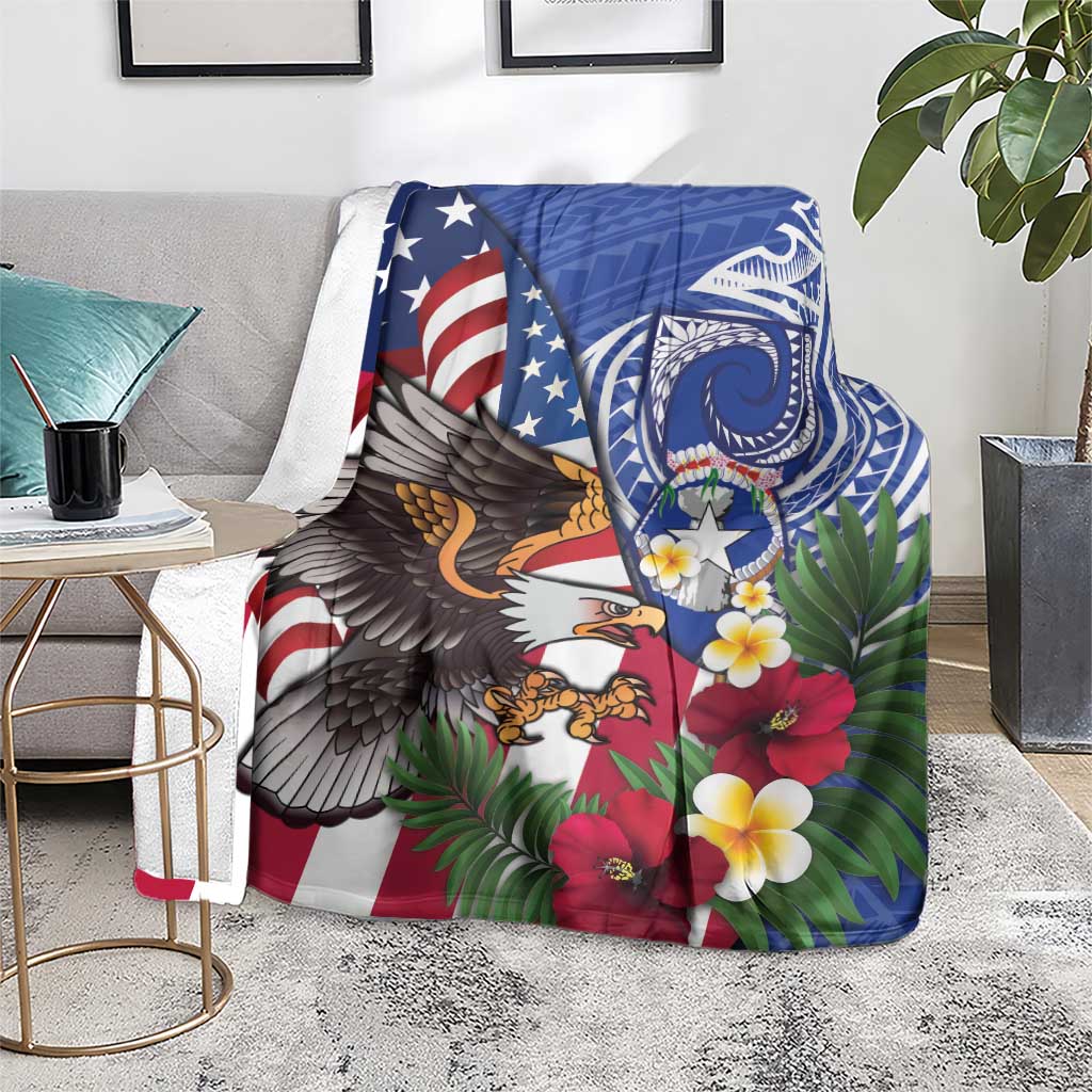 United States and Northern Mariana Islands Blanket USA Flag Eagle CNMI Latte Stone Tropical Flowers LT14 - Polynesian Pride