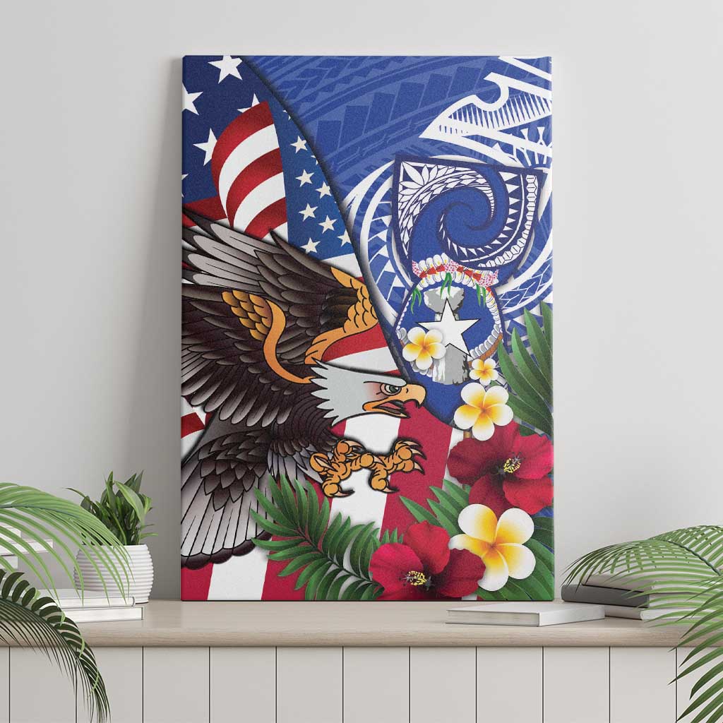 United States and Northern Mariana Islands Canvas Wall Art USA Flag Eagle CNMI Latte Stone Tropical Flowers LT14 - Polynesian Pride