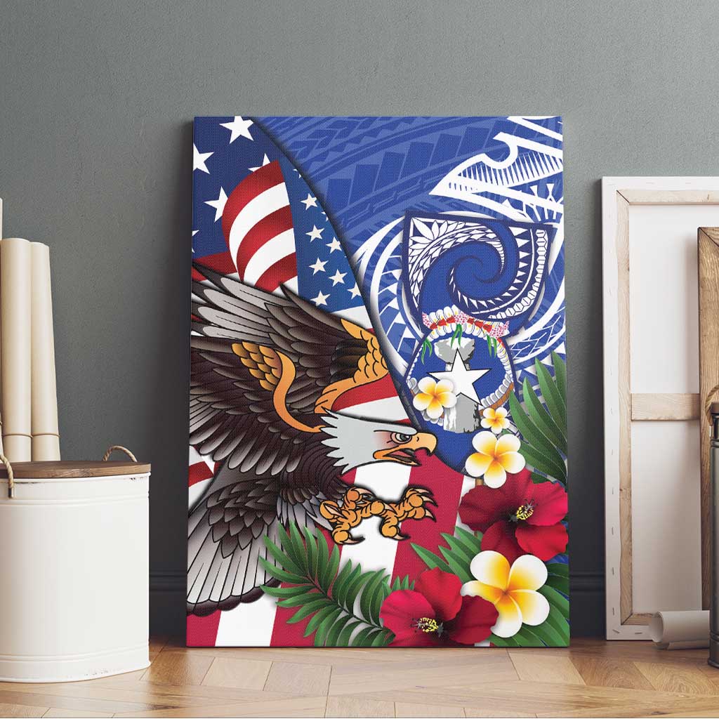 United States and Northern Mariana Islands Canvas Wall Art USA Flag Eagle CNMI Latte Stone Tropical Flowers LT14 - Polynesian Pride