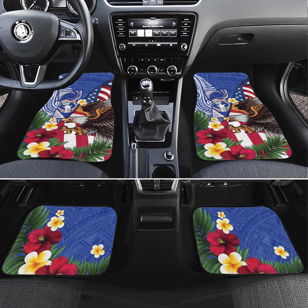 United States and Northern Mariana Islands Car Mats USA Flag Eagle CNMI Latte Stone Tropical Flowers LT14 Set 4pcs Blue - Polynesian Pride