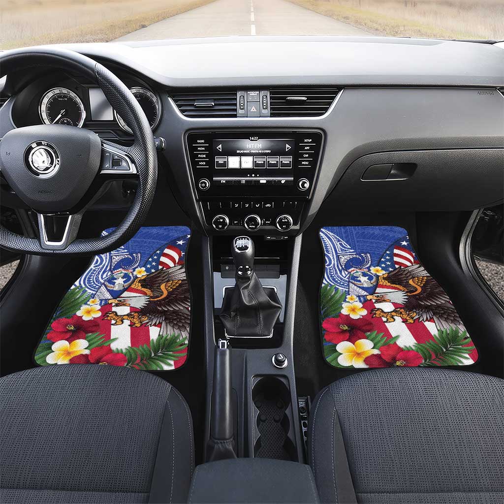 United States and Northern Mariana Islands Car Mats USA Flag Eagle CNMI Latte Stone Tropical Flowers LT14 Set 2pcs - Front Blue - Polynesian Pride