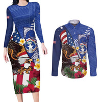 United States and Northern Mariana Islands Couples Matching Long Sleeve Bodycon Dress and Long Sleeve Button Shirt USA Flag Eagle CNMI Latte Stone Tropical Flowers LT14 Blue - Polynesian Pride