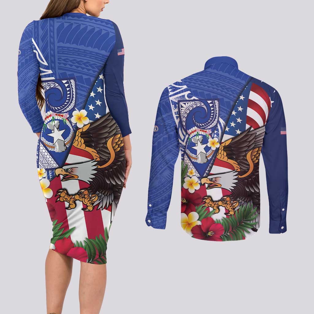 United States and Northern Mariana Islands Couples Matching Long Sleeve Bodycon Dress and Long Sleeve Button Shirt USA Flag Eagle CNMI Latte Stone Tropical Flowers LT14 - Polynesian Pride
