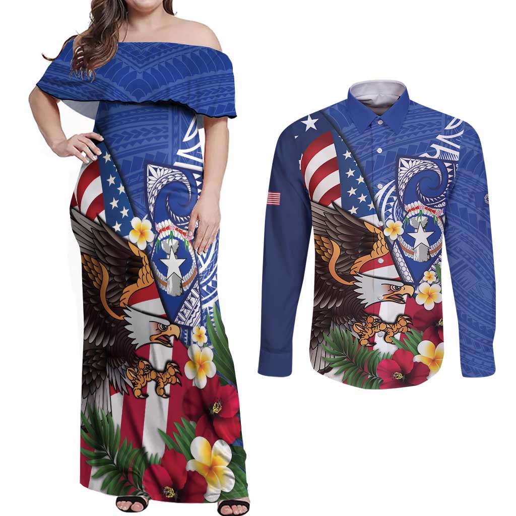 United States and Northern Mariana Islands Couples Matching Off Shoulder Maxi Dress and Long Sleeve Button Shirt USA Flag Eagle CNMI Latte Stone Tropical Flowers LT14 Blue - Polynesian Pride
