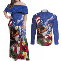 United States and Northern Mariana Islands Couples Matching Off Shoulder Maxi Dress and Long Sleeve Button Shirt USA Flag Eagle CNMI Latte Stone Tropical Flowers LT14 Blue - Polynesian Pride